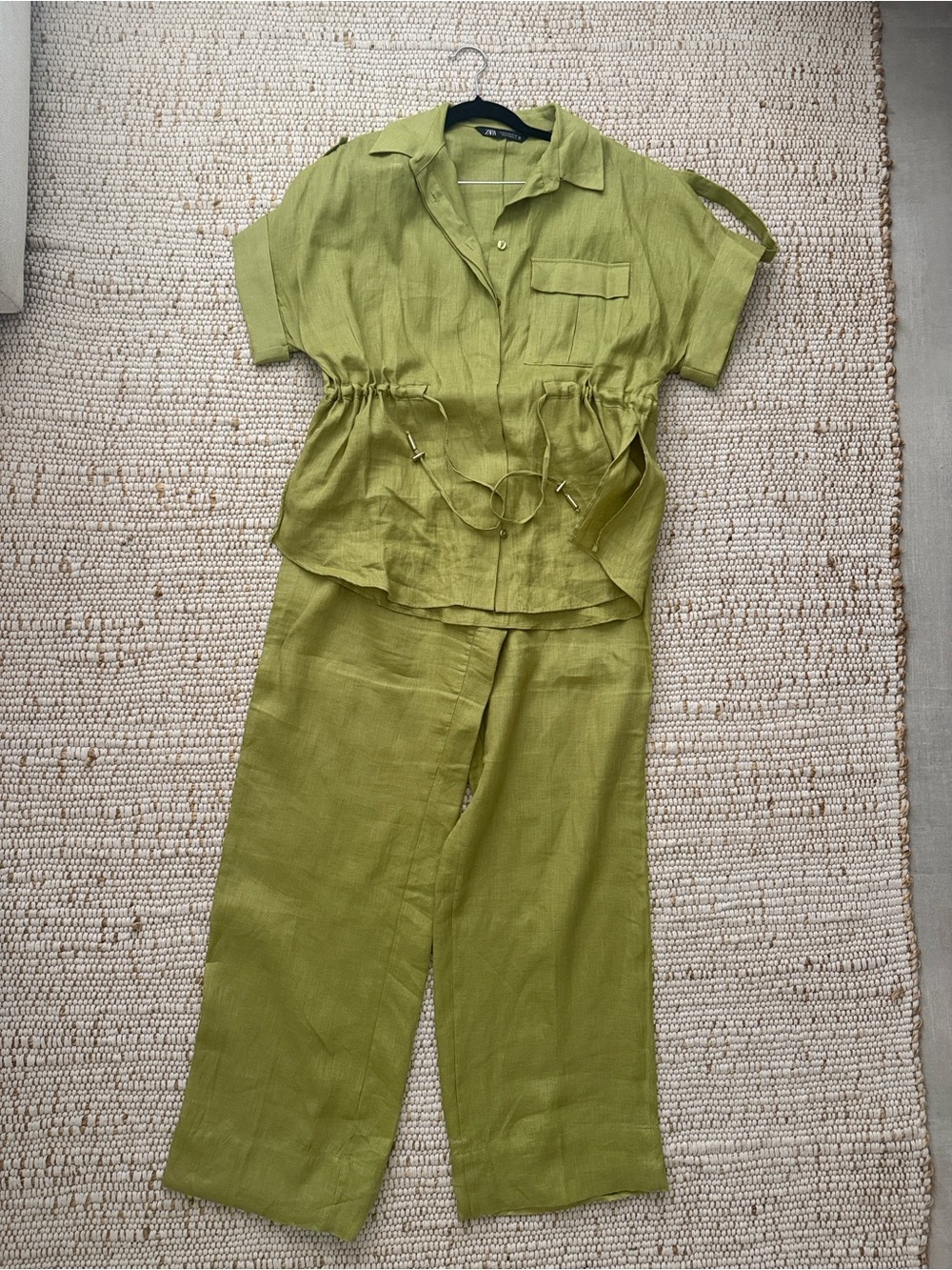 Zara Linen Drawstring Top & Wide-Leg Pants Set - Olive Green